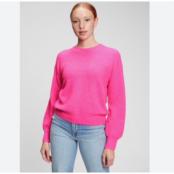 GAP Sweaters - Gap Waffle Crewneck Sweater Sizzling Hot Fuschia Pink Knit Long Sleeve Pullover